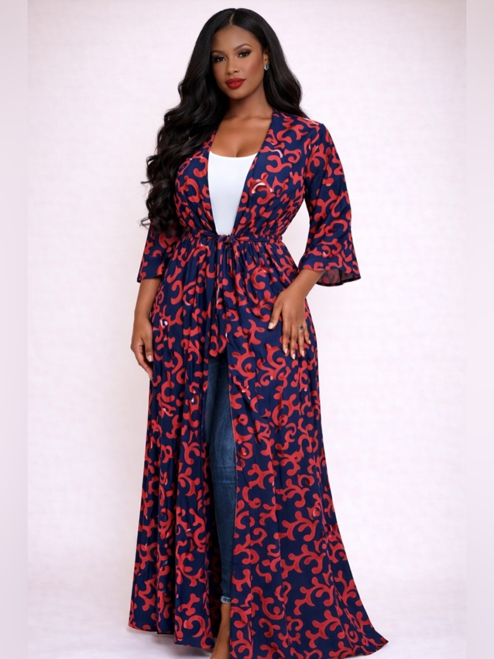 Navy & Red Patterned Long Duster